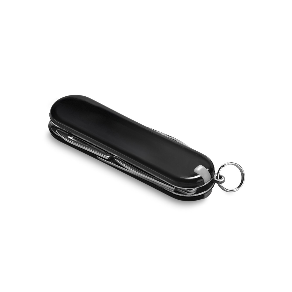 Canivete multifunções em ABS e metal com 5 funções. 59 x 17 x 8 mm