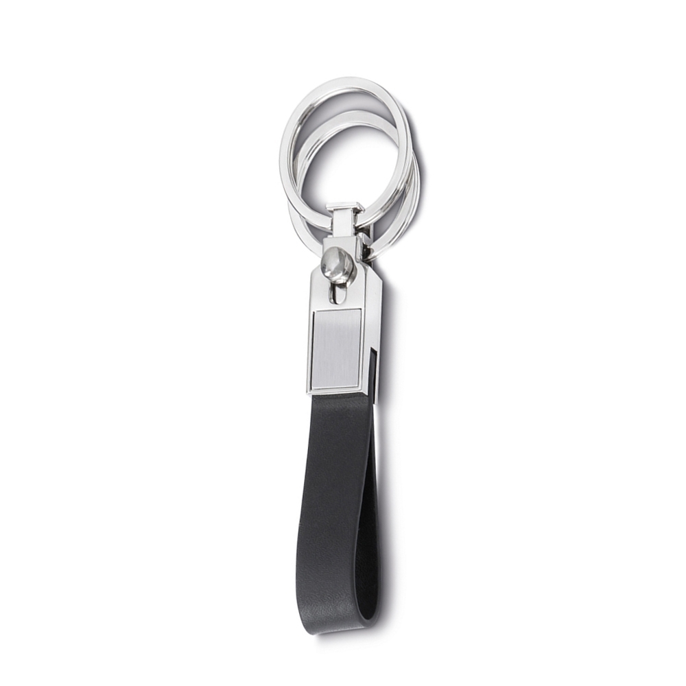 CHAVEIRO DE METAL E COURO C/ 2 ARGOLAS  SPX-14502-PRA/PRE NA COR PRATA
